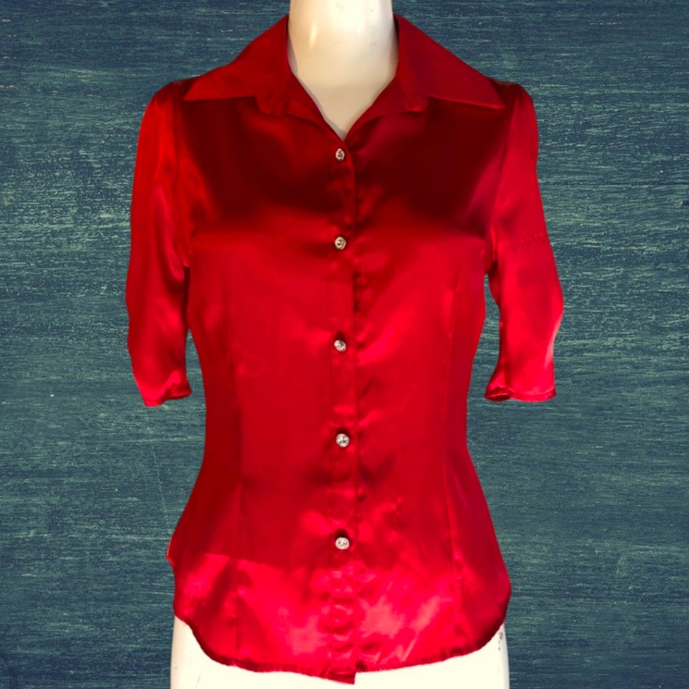 Red Satin Blouse w/ Jeweled Buttons 💎